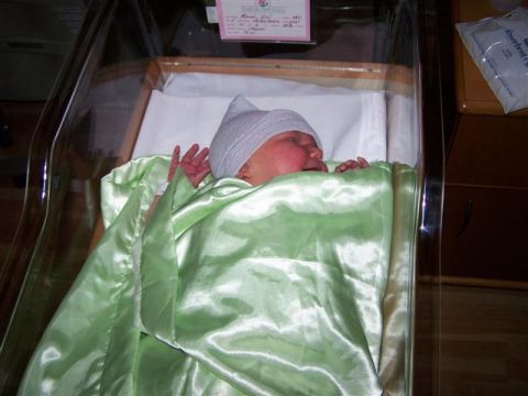 1995 Ford Bronco - A newborn baby rests in a hospital bassinet, swaddled in a green blanket and wearing a soft cap.