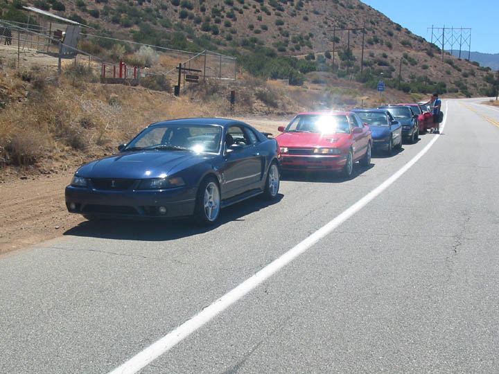 Line of sports cars on a road, blue Mustang in foreground