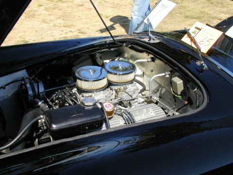 1967 Ford Ranchero - The engine bay of a black car, possibly a Shelby, is shown with dual carburetors and chrome air cleaners.