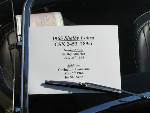 1967 Ford Ranchero - Document details a 1965 Shelby Cobra CSX 2453 289ci, invoiced from Shelby America in 1964 and sold new in 1966.