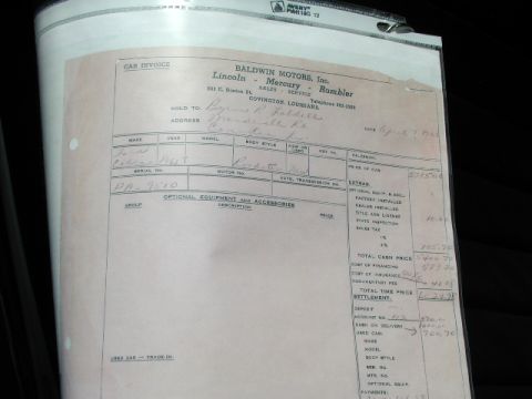 1967 Ford Ranchero - Invoice details for a 1967 vehicle purchase from Baldwin Motors, Inc. in Covington, Louisiana.