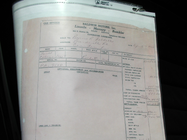 Car invoice from Baldwin Motors, Inc. for a 1967 vehicle, listing price and optional equipment