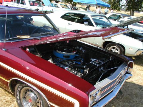 1967 Ford Ranchero - 1967 Ford Ranchero's engine bay on display at a car show with other vehicles present.