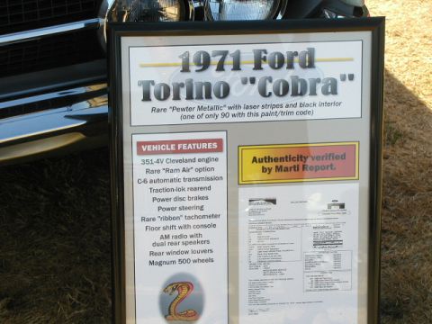1967 Ford Ranchero - Information board details a 1971 Ford Torino Cobra, including its rare features and verification.