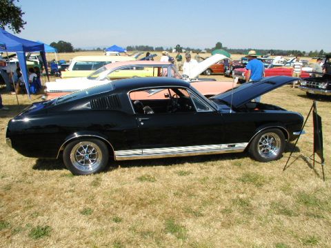 1967 Ford Ranchero - A black 1967 Ford Mustang fastback is displayed at a car show with its hood open.