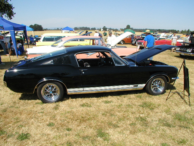 Black 1967 Ford Mustang fastback with hood open, side view