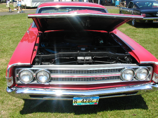 Red 1967 Ford Ranchero GT front view with hood open