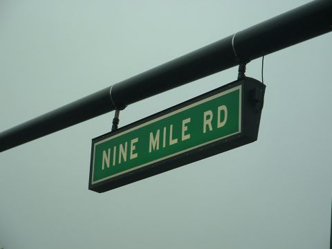 1978 Ford Mustang II - A street sign for Nine Mile Road hangs from a dark overhead structure against a cloudy sky.