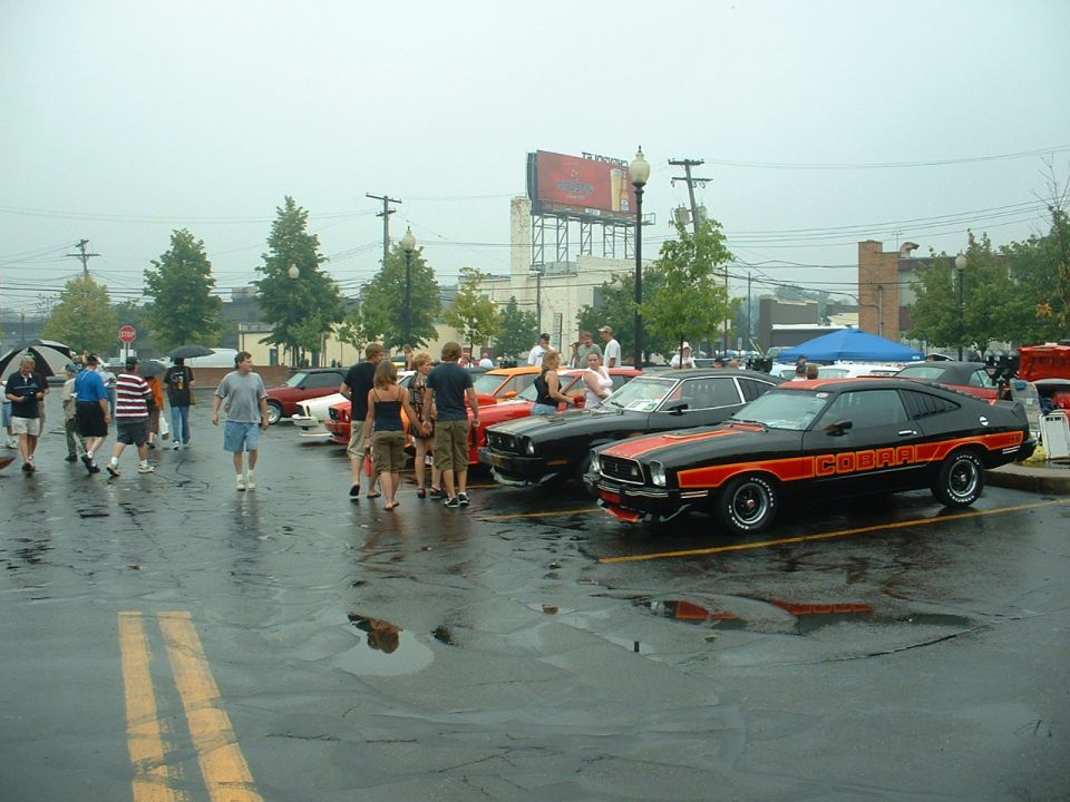 Row of Mustang IIs including a black COBRA-striped hatchback on a rainy show lot