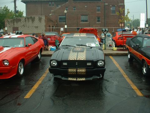1978 Ford Mustang II - Head-on front view of a black Mustang II hatchback with gold mesh-pattern hood and nose stripes, a running-pony grille emblem, front air da…