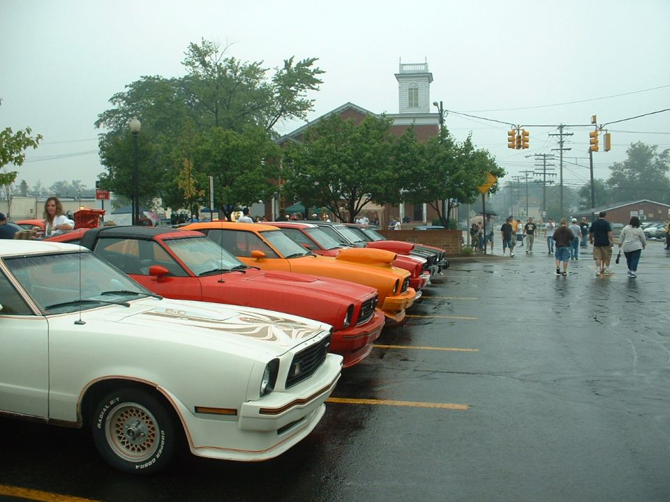White 1970s coupe with gold graphics parked in a line of cars