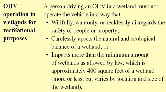 Text about OHV operation in wetlands for recreational purposes, detailing rules about safety and ecological balance