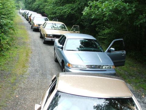 1985 Ford LTD Crown Victoria - Elevated view of Ford Panther-platform sedans parked in a row on a wooded gravel lane at a club gathering, doors open. A light blue aero-bo…