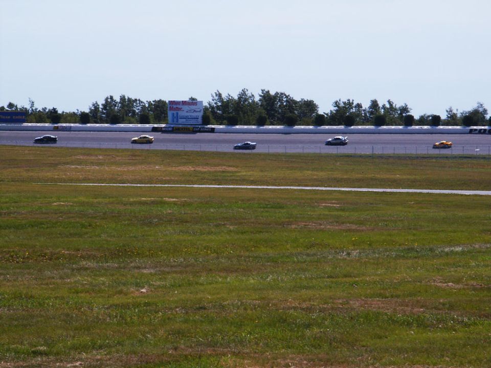 Several cars racing on a track with trees and a billboard in the background