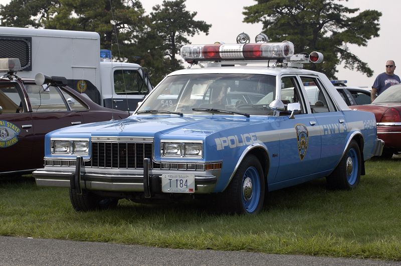 Blue 1978 Dodge Monaco police car with light bar, parked on grass