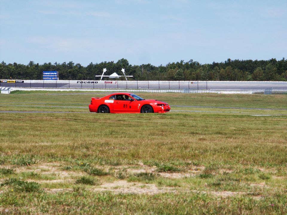 Red 2001 Ford Mustang Cobra on racetrack infield. Number 81 on door