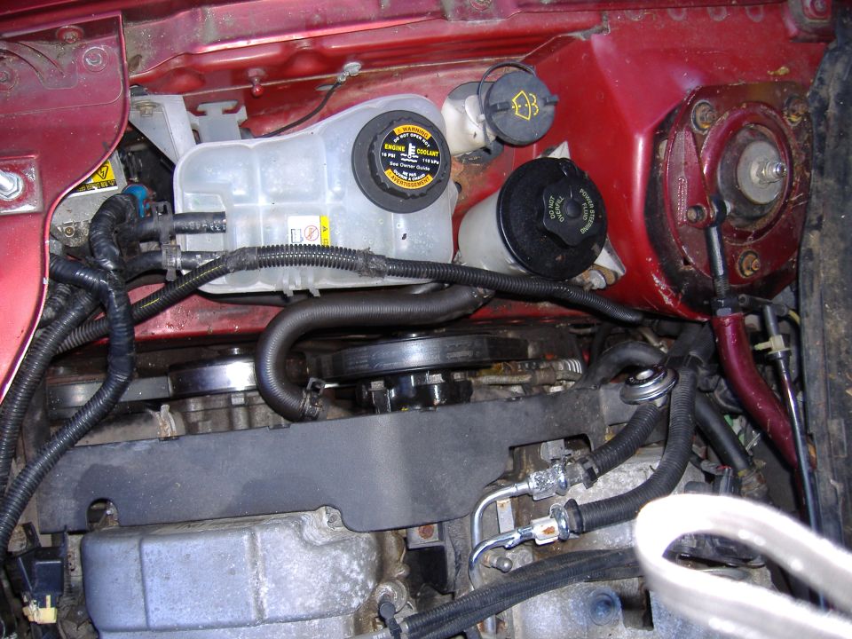 Engine bay showing coolant reservoir and power steering fluid reservoir