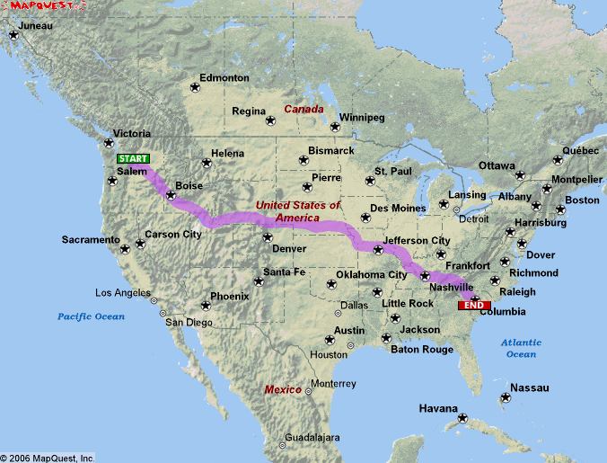 Map showing a route from Salem, Oregon to Columbia, South Carolina