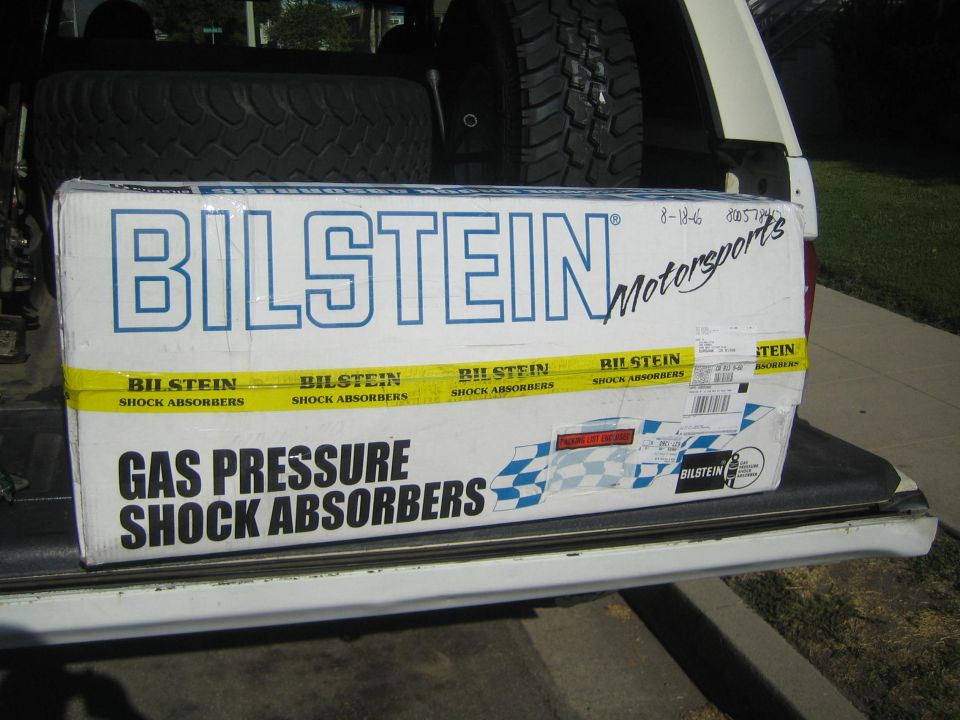 Bilstein Motorsports shock absorber box on a vehicle tailgate