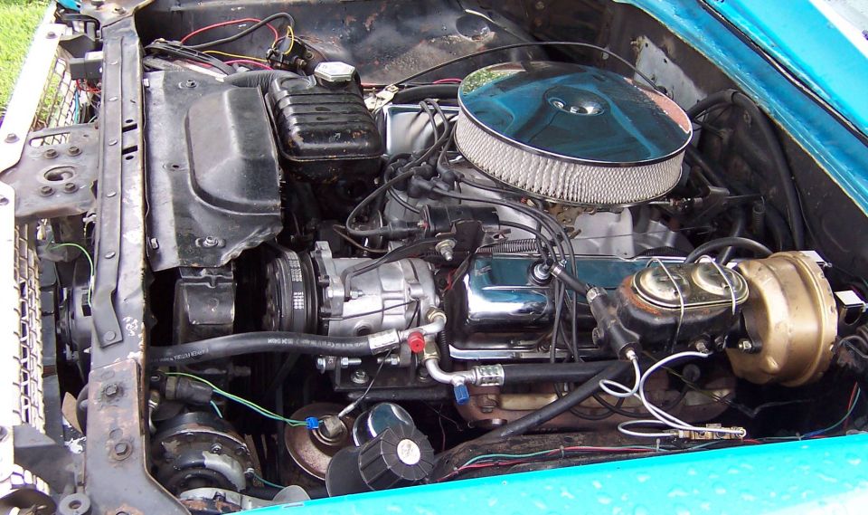 1963 Ford Galaxie engine bay with chrome air cleaner and V8 engine