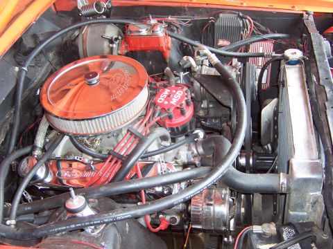 1969 Ford Ranchero - Close-up of a V8 engine bay, an MSD ignition system and chrome air cleaner.