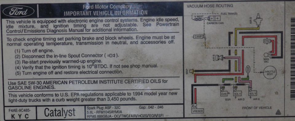 Ford emissions and vacuum-hose-routing underhood decal for 5.8L 1994 light truck, diagram at right