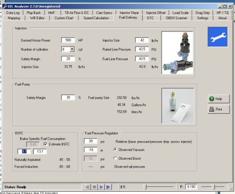1979 Ford Bronco - The EEC Analyzer software displays engine performance data, including injector and fuel pump specifications.