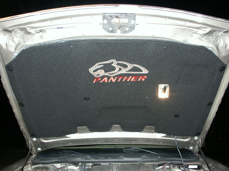 Under the hood of a car, showing the hood liner with a silver panther logo and red 'PANTHER' text. A small light fixture is visible on the right