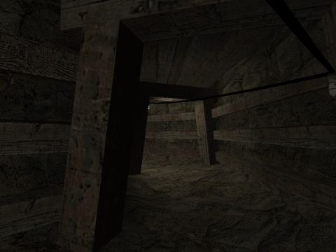 1969 Ford Mustang - The interior of a mine shaft shows rough wooden construction and support beams.