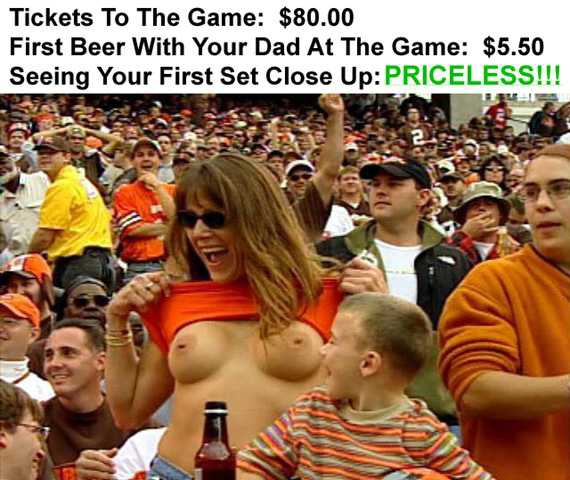 Woman exposing herself in a crowd at a sporting event