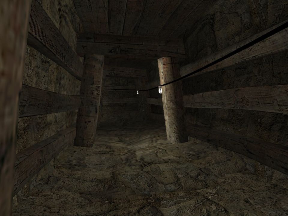 Mine shaft interior with wooden supports and a single light bulb