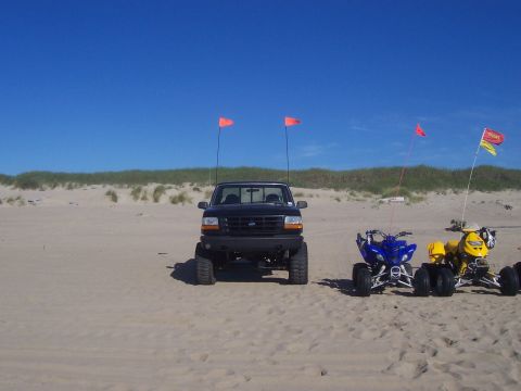 1994 Ford F-150 - A black 1994 Ford F-150 truck is parked on a sandy beach with ATVs to its right.