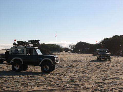 1995 Ford Bronco - Two Ford Broncos are parked on a sandy terrain with trees and flags in the background.