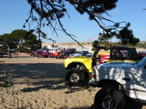 1995 Ford Bronco - A line of off-road vehicles, including a yellow 1995 Ford Bronco, are parked on a sandy area under a tree.