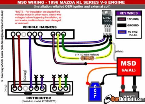 1996 Ford Probe - MSD 6A ignition wiring diagram for a 1996 Mazda KL V6 showing color-coded key wires, coil, distributor and resistor.