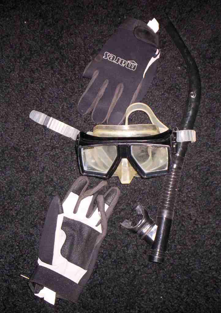 Mares diving mask, snorkel, and two pairs of gloves on a dark carpet