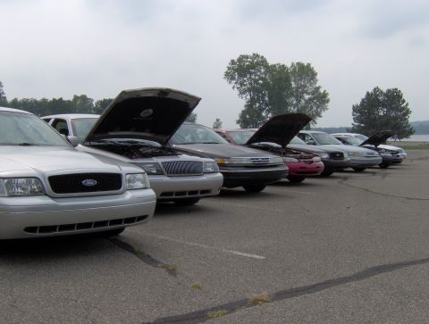 2002 Ford Crown Victoria - Several Ford Crown Victorias are parked in a row with their hoods open, suggesting a car show or gathering.