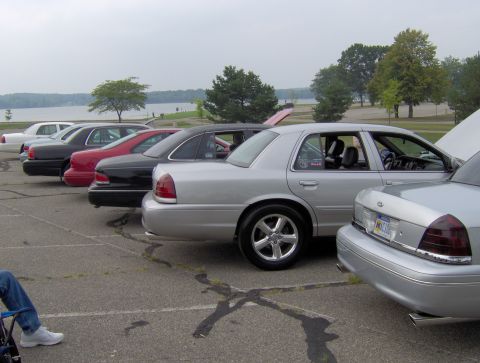 2002 Ford Crown Victoria - A row of Ford Crown Victoria police cars are parked side-by-side near a body of water.