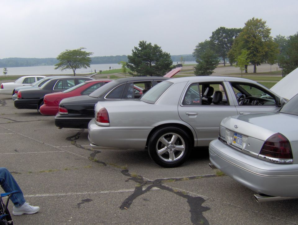 Several Ford Crown Victoria police cars parked in a line by a lake