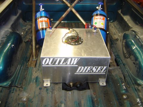 1997 Ford Ranger - Custom fuel tank and NOS bottles installed in the bed of a pickup truck.