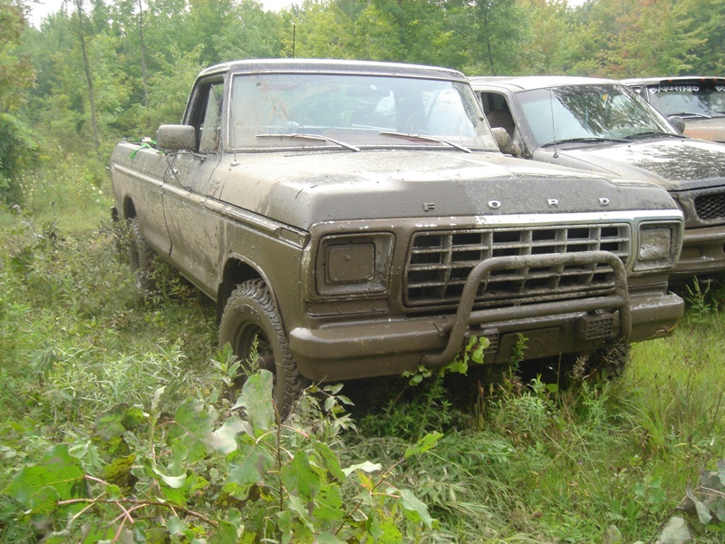 Mud-covered 1979 Ford F-250 pickup truck parked in tall grass next to another vehicle