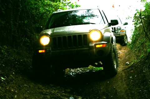 2006 Jeep Liberty - Two Jeep Libertys navigate a narrow, overgrown dirt trail.