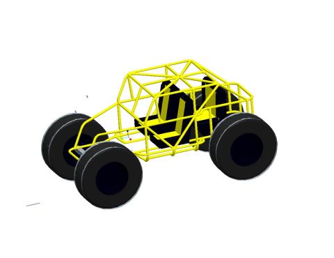 1966 Jeep CJ5 - A yellow tube frame buggy with black seats and large tires is shown from a three-quarter front view.