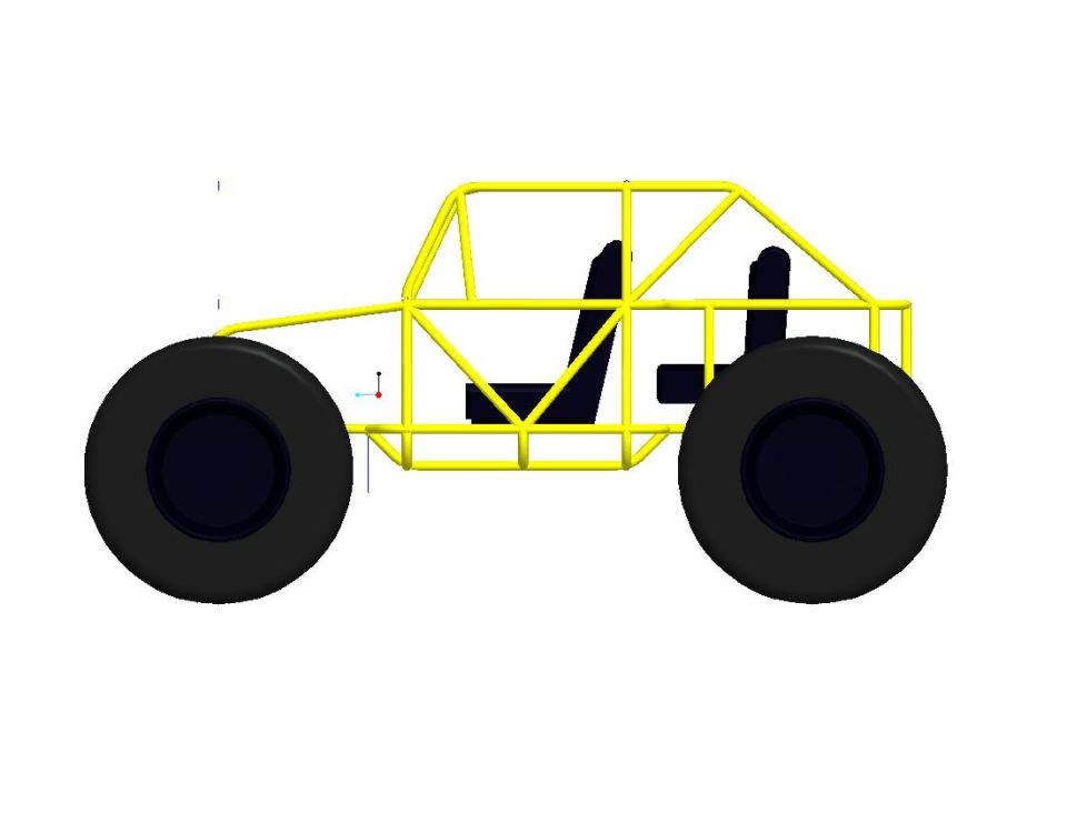 Yellow tube frame buggy with two seats and large tires