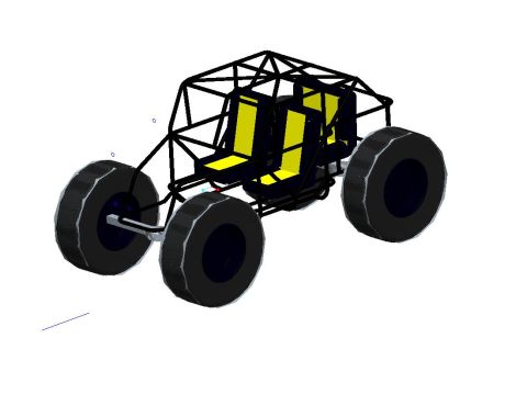 1966 Jeep CJ5 - This 3D rendering depicts a buggy with a roll cage and yellow seats, viewed from a 3/4 front angle.