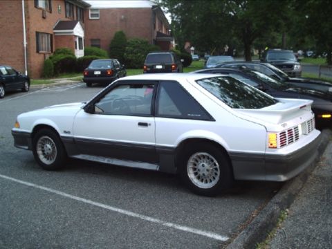 1989 Ford Mustang - A white 1987 Ford Mustang coupe is parked in a lot, with other vehicles visible in the background.