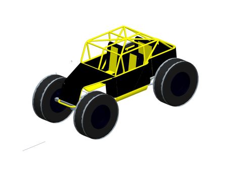 1966 Jeep CJ5 - This digital rendering depicts a custom off-road buggy with a distinctive roll cage and oversized tires.