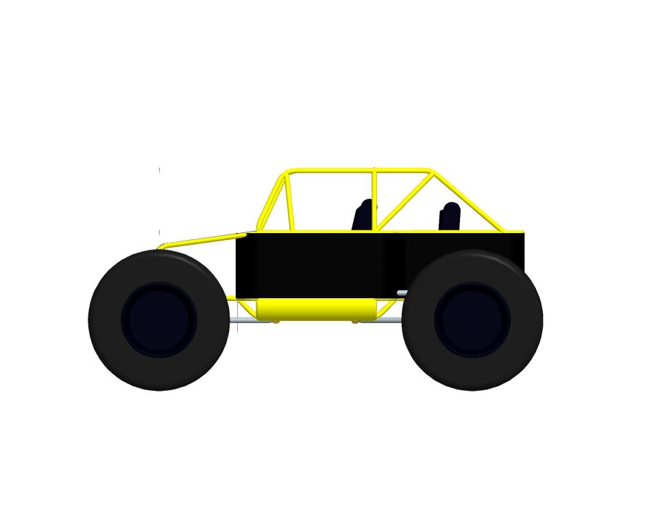 Side view of a yellow and black off-road buggy with large tires and a roll cage