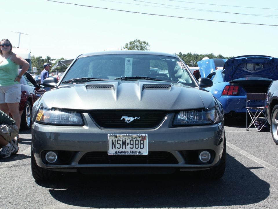 Front view of a gray Ford Mustang with a hood scoop and a horse emblem on the grille. License plate says NSM-98B