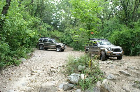 2006 Jeep Liberty - Two Jeep Libertys navigate a wooded trail, one parked and one moving forward.